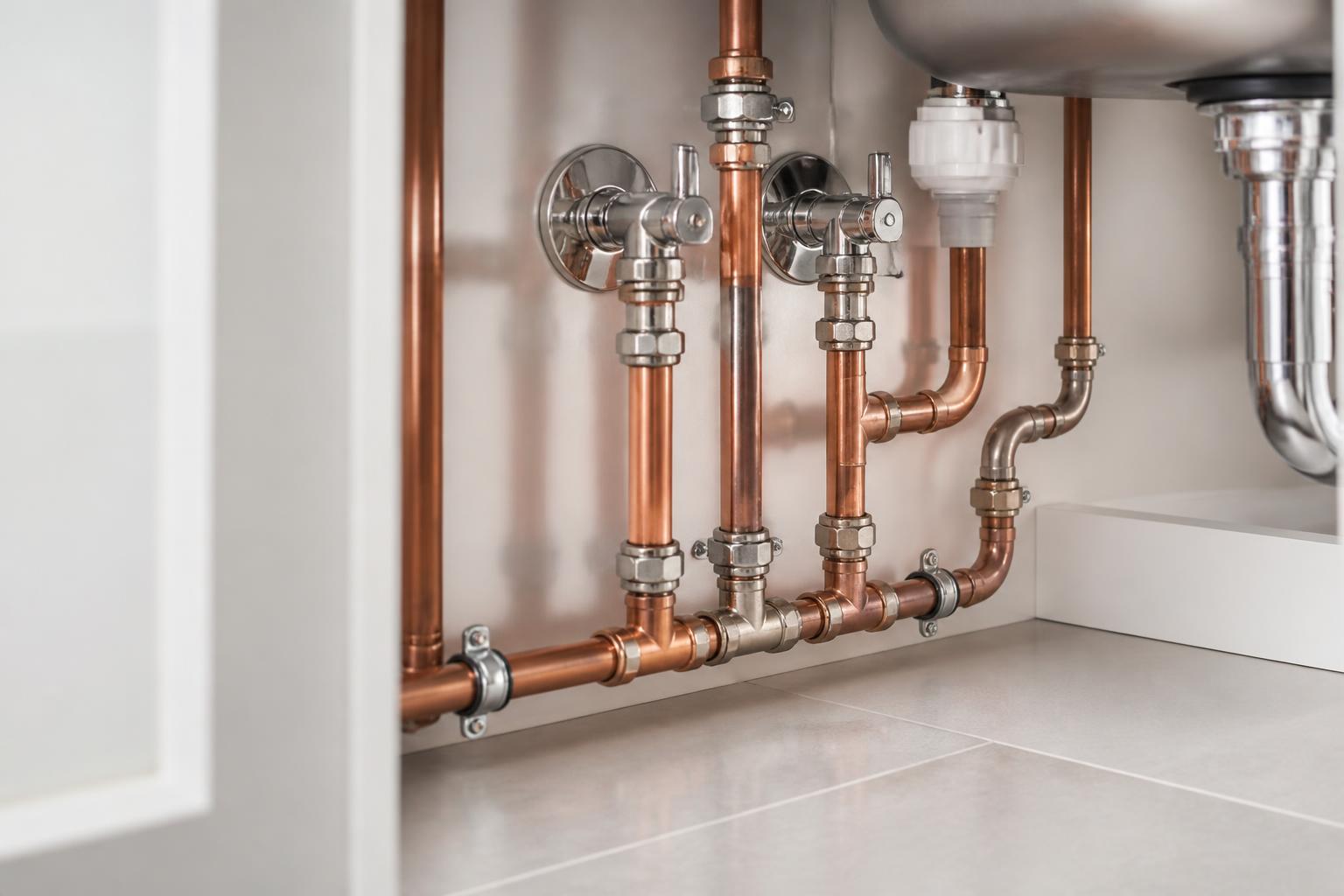 Copper plumbing pipework and chrome isolation valves under a kitchen sink